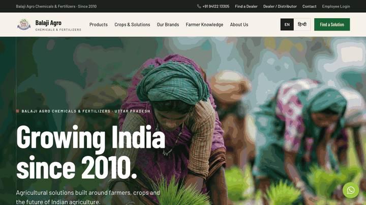 balajiagrochem.com: the home page, the product finder, then a product page (desktop)