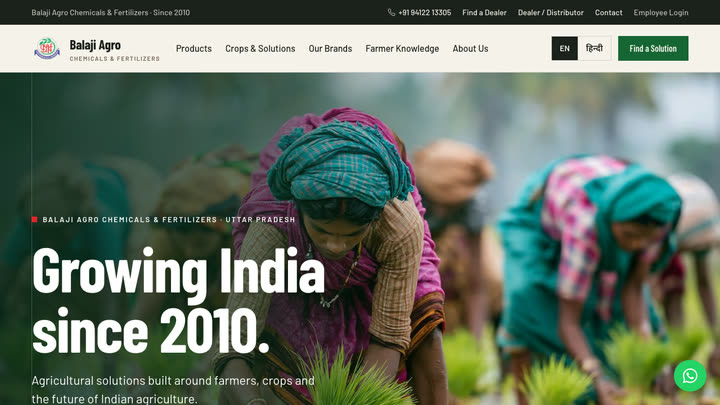 balajiagrochem.com: the home page, the product finder, then a product page (desktop)