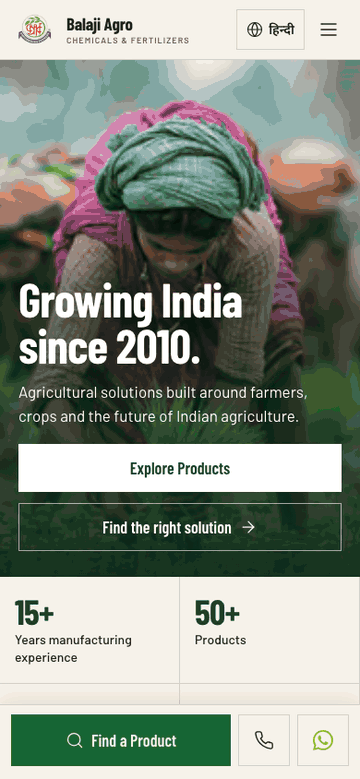 balajiagrochem.com: the home page, the product finder, then a product page (mobile)