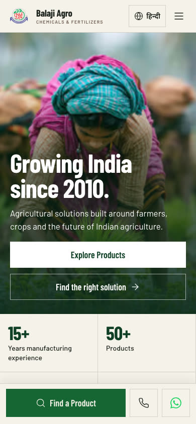 balajiagrochem.com: the home page, the product finder, then a product page (mobile)