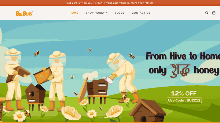 beebliss.co.in: the home page, the honey catalogue, then a product page (desktop)