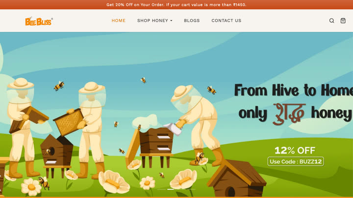 beebliss.co.in: the home page, the honey catalogue, then a product page (desktop)