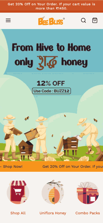 beebliss.co.in: the home page, the honey catalogue, then a product page (mobile)