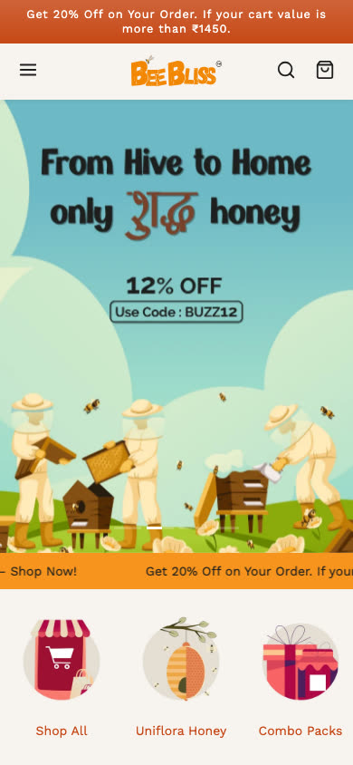 beebliss.co.in: the home page, the honey catalogue, then a product page (mobile)