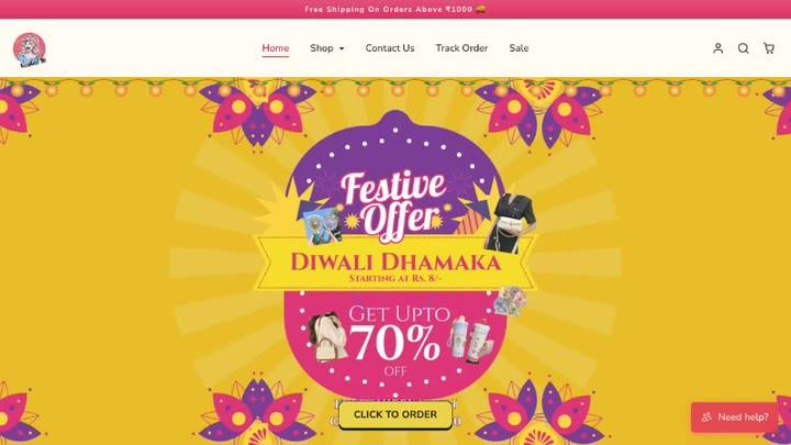 kristore.in in its Diwali theme: the home page, the Bags collection, then a product page (desktop)