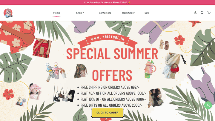 kristore.in: the home page, the Bags collection, then a product page (desktop)