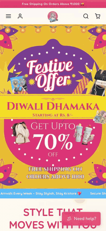 kristore.in in its Diwali theme: the home page, the Bags collection, then a product page (mobile)