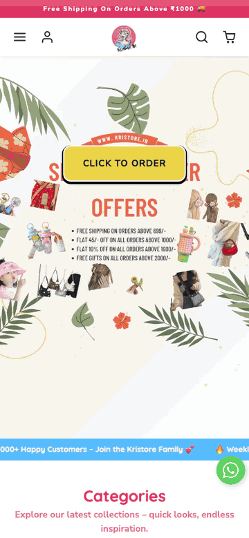 kristore.in: the home page, the Bags collection, then a product page (mobile)