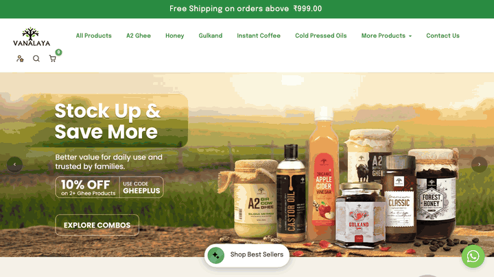 vanalaya.com: the home page, the product catalogue, then a product page (desktop)