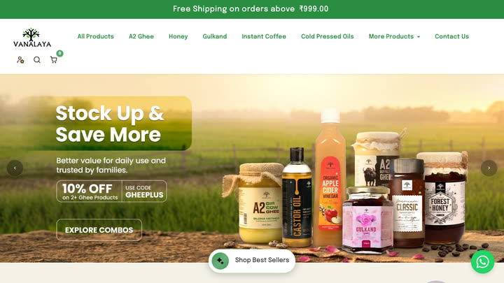 vanalaya.com: the home page, the product catalogue, then a product page (desktop)