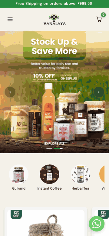 vanalaya.com: the home page, the product catalogue, then a product page (mobile)