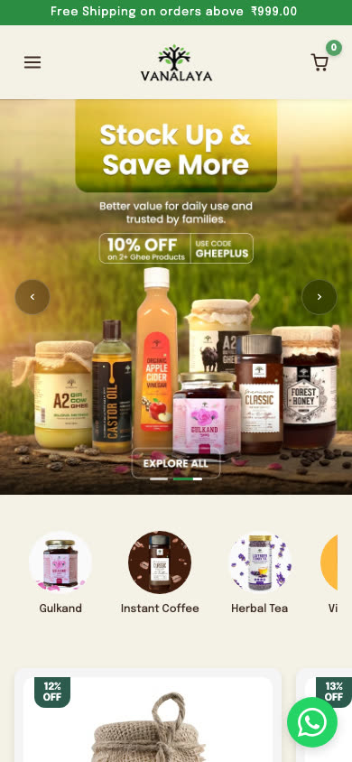 vanalaya.com: the home page, the product catalogue, then a product page (mobile)