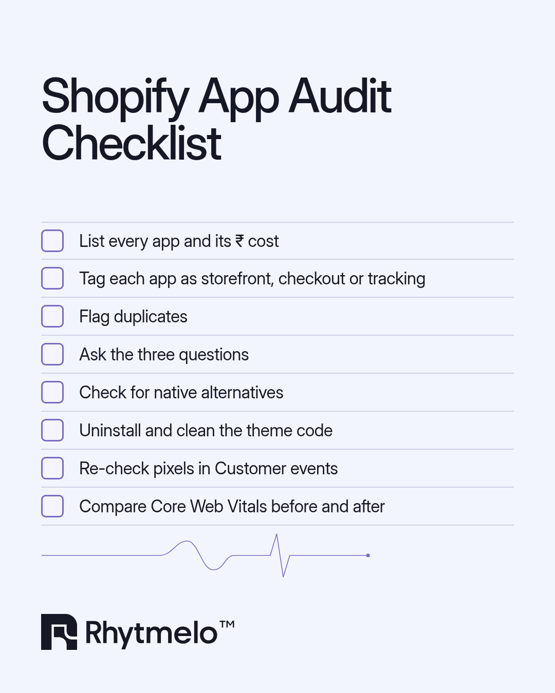 Shopify app audit checklist: list every app and its ₹ cost; tag each app as storefront, checkout or tracking; flag duplicates; ask the three questions; check for native alternatives; uninstall and clean the theme code; re-check pixels in Customer events; compare Core Web Vitals before and after