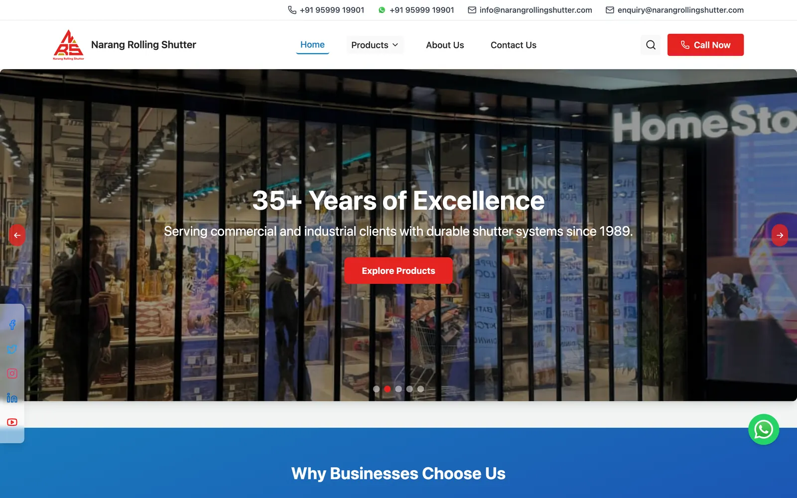 narangrollingshutters.com: the home page (desktop)