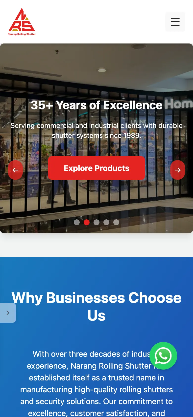 narangrollingshutters.com: the home page (mobile)